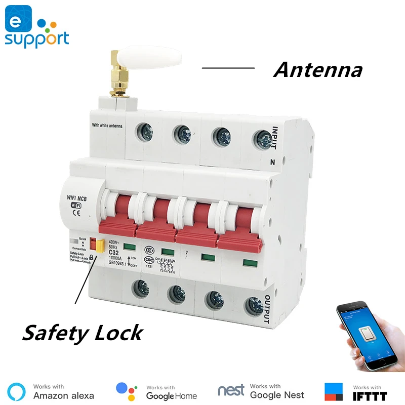 63A eWelink WiFi Smart Circuit Breaker Interruptor automático Proteção contra sobrecarga e curto-circuito, funciona com Alexa e Google Home