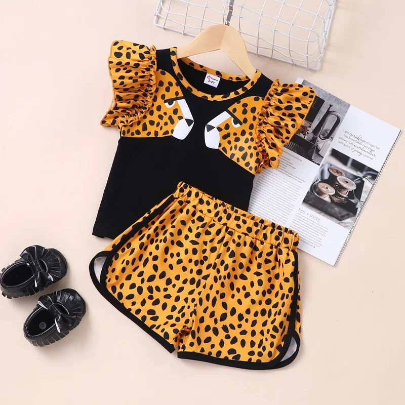 Summer New Fashion Baby Clothes Toddler Girl Clothes Children Sets Cotton 2 Pcs Leopard Flying Sleeve Tops+short Pants 0-6Y