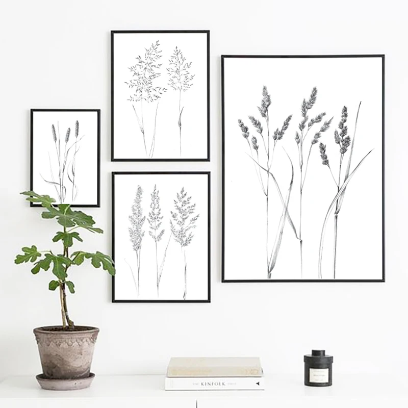 Black White Botanical Spikelet Sketch One Line Drawing Canvas Posters Wild Herb Plant Hygge Wall Art Painting Print Home Decor