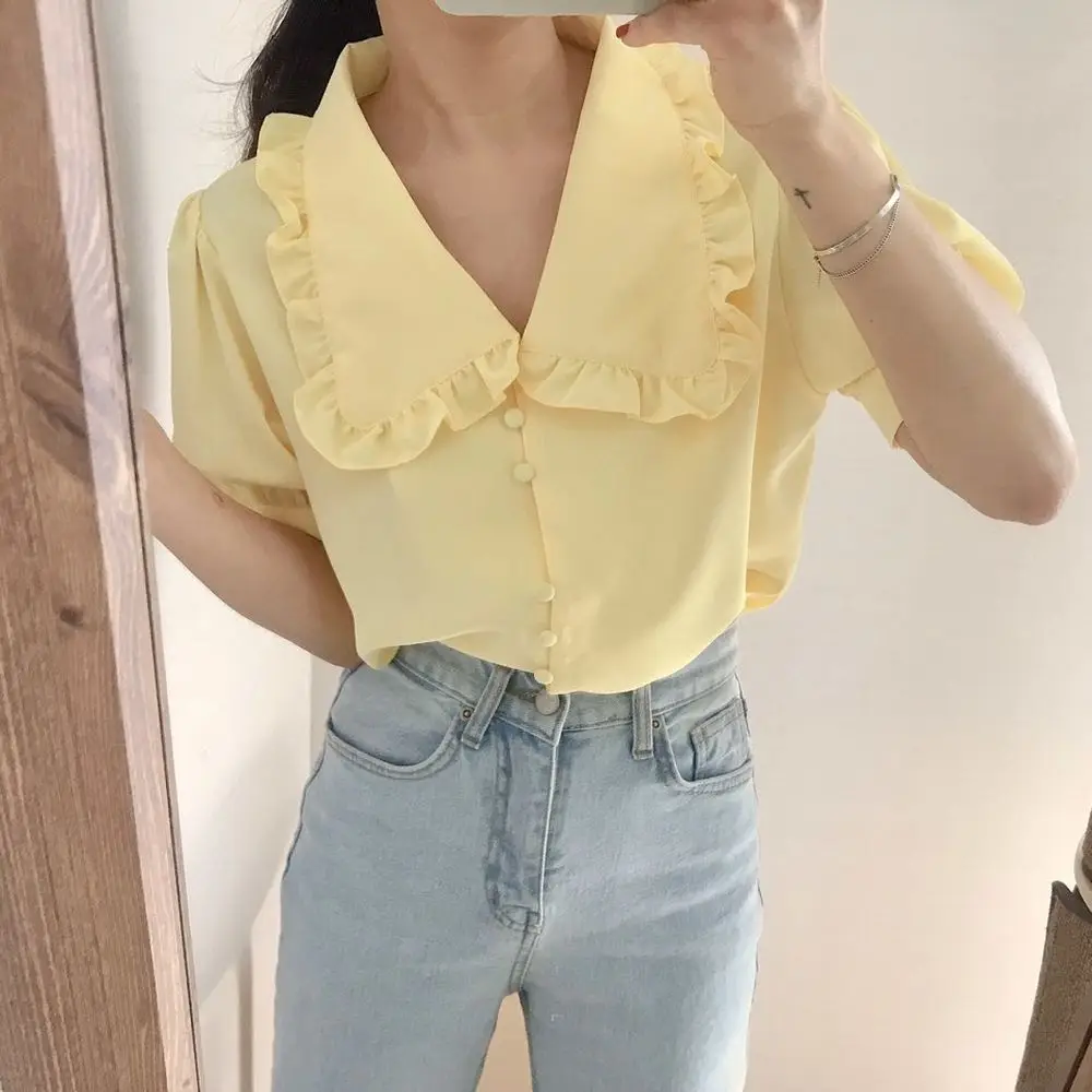 Korea Style Women Summer Yellow Sweet Chiffon Blouse Ruffle Peter Pan Collar Half Sleeve Shirt Casual Cardigan Top