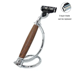 iRAZOR Shaving Razor For Men Face Hair Removal  Wood Grain Handle with 3-Layer Shaver Blade and Stand Holder Nice Gift for Him