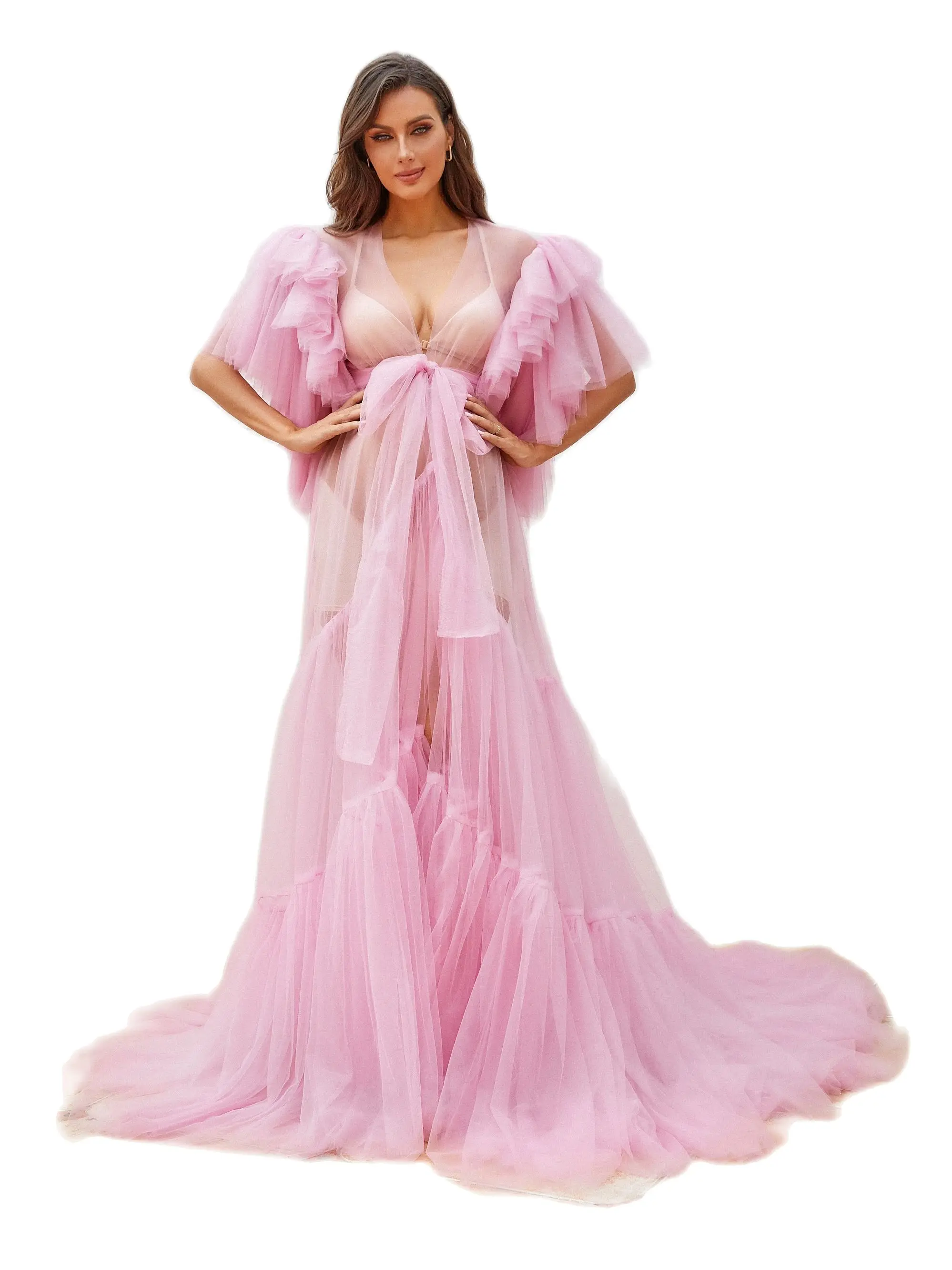 Pink Maternity Robes Sexy Tulle Bathrobe Dresses Photo Shoot Birthday Bridal Fluffy Party Sleepwear Custom Made Gown Real Images