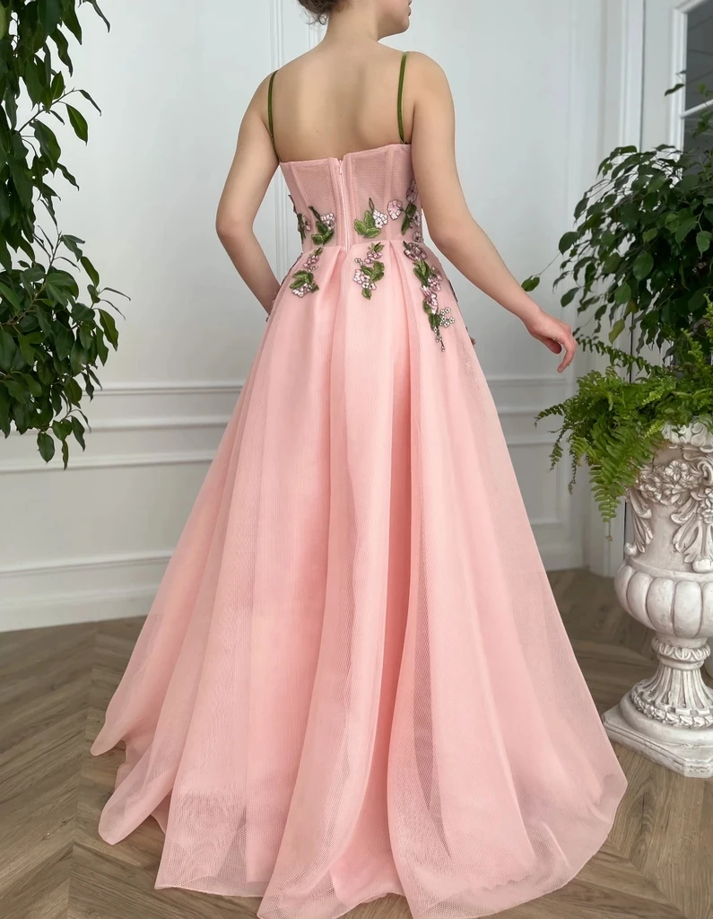 Pink Moroccan Evening Dresses A-line Spaghetti Straps Tulle Appliques Long Luxury Turkey Dubai Saudi Arabia Prom Dress Gown