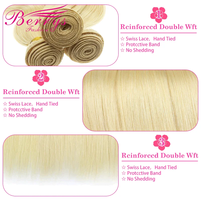 Berrys Fashion blond prosto 2/3 wiązki z przednim brazylijskim wiązki dziewiczych włosów z 13x4 przednim zamknięciem blond 613 włosy