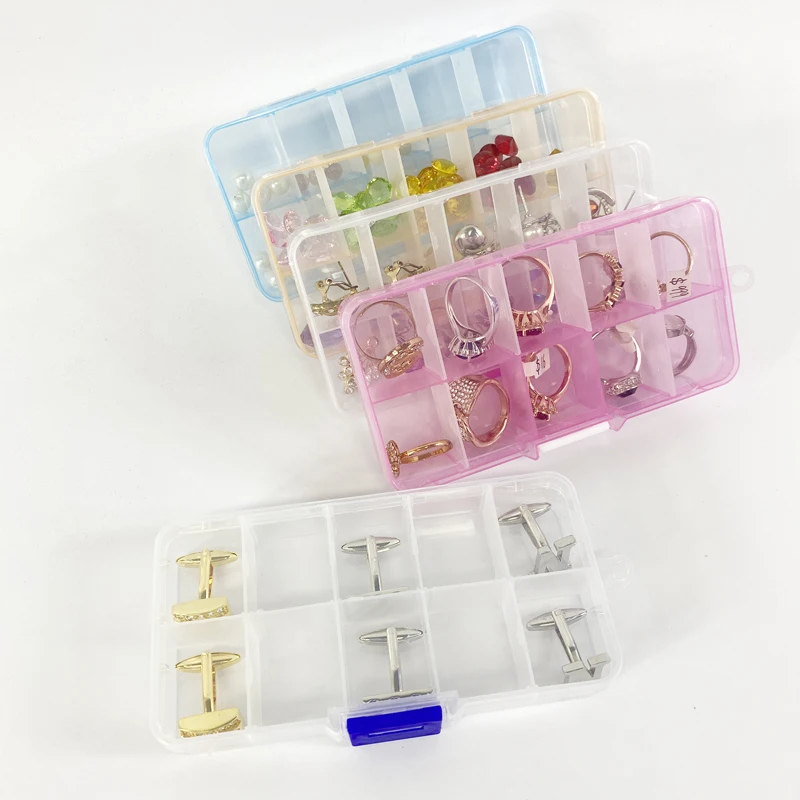 Caja de almacenamiento de plástico con 10 ranuras, contenedor con compartimentos ajustables para abalorios, pendientes, gemelos, anillos, color rosa, azul y naranja, 1 unidad