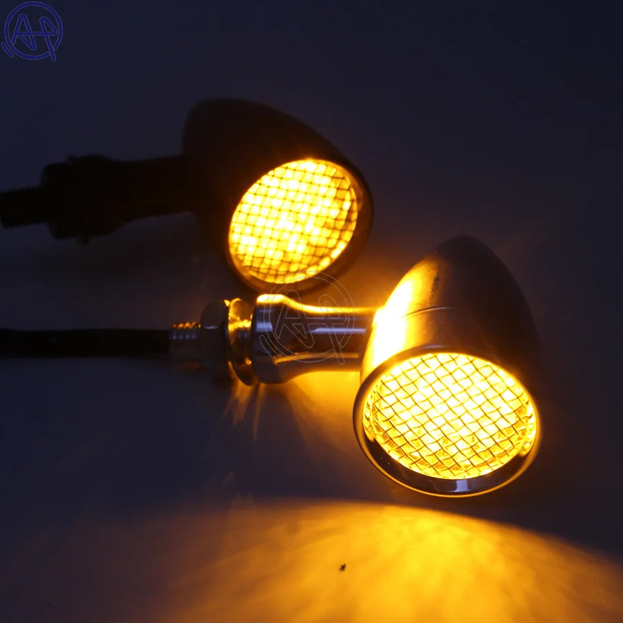 Black/Chrome Motorcycle 12V Amber Mesh Lens LED Turn Signal Brake Light 10mm Aluminum Housing For Chopper Bobber Cafe Racer