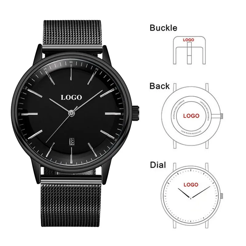 CL047 Full Black Stainless Steel Water Resistant Mens Watch Private Label Watch Custom Black Dial Watch Own logo