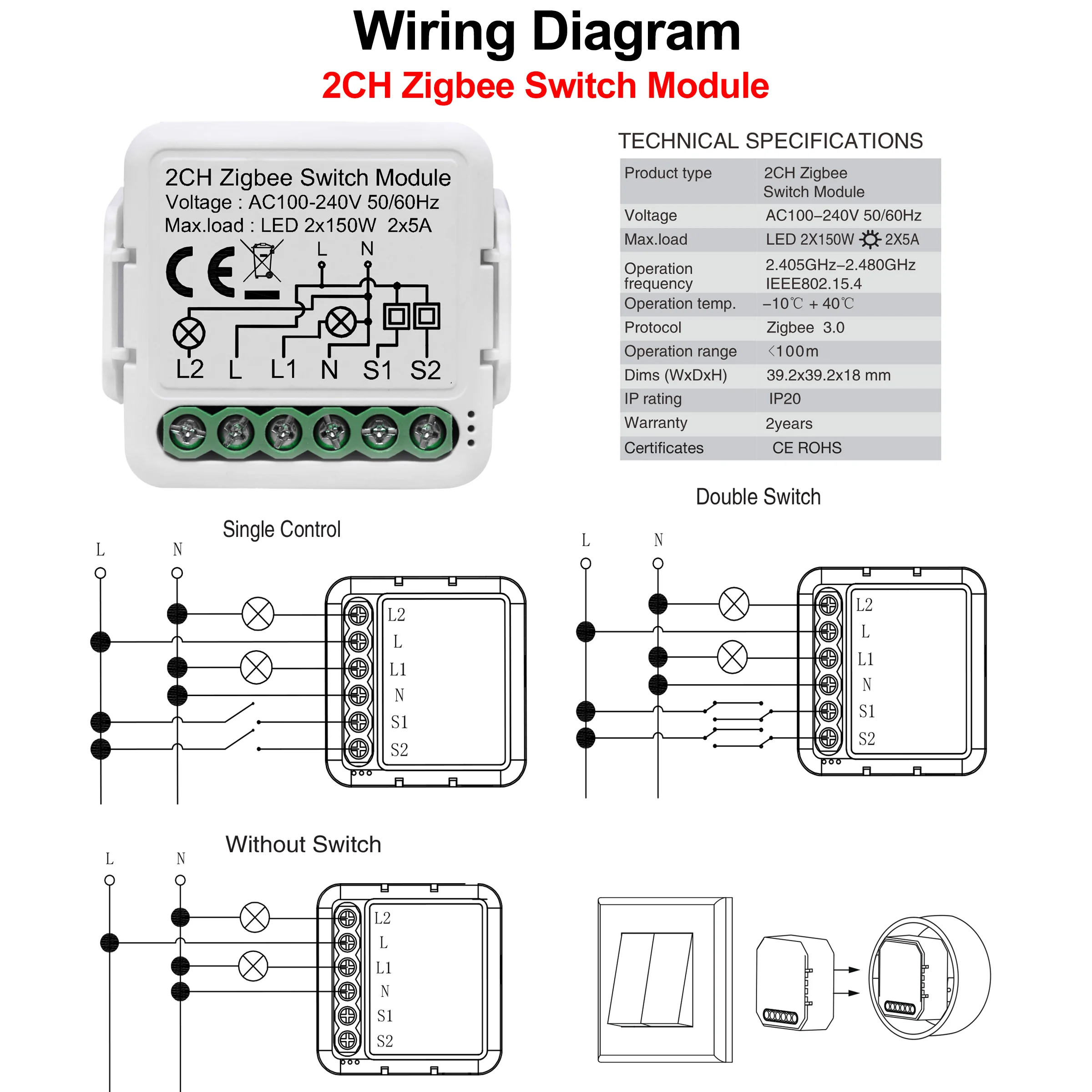 GIRIER Tuya ZigBee 3.0 Light Switch Module, Smart DIY Breaker 1 2 3 4 Gang Supports 2 Way Control, Works with Alexa Google Home