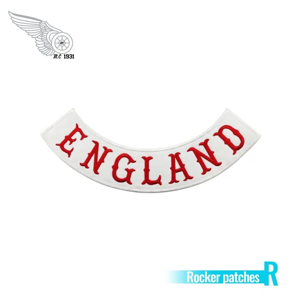 Red England Rocker Patches Customized Design White twill fabric Embroidered Iron On Back of Jacket DIY Custom