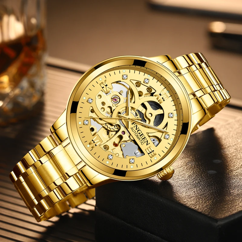 FNGEEN Gold Automatic Watch Men Stainless Steel Strap Skeleton Mechanical Watches Top Brand Luxury Luminous Pointer Watch 6018