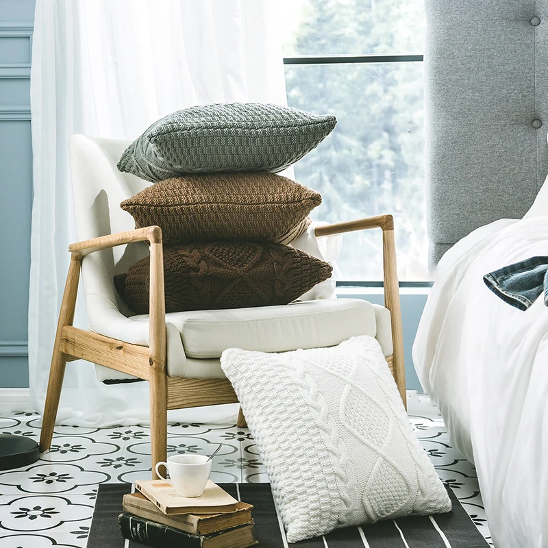 Nordic 45*45cm Knitted Bed Cushion Cover Sofa Home Decorative Double-Cable Warm Throw Pillow Case
