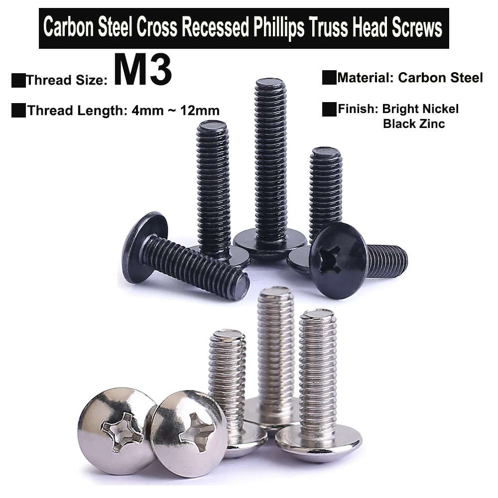 

50Pcs M3x4mm~12mm Carbon Steel Cross Recessed Phillips Truss Head Screws Nickel Plated and Black Zinc Plated Screws