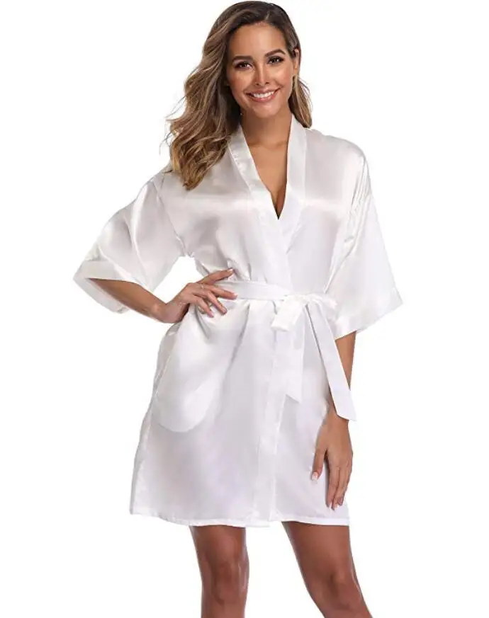 plain Satin Robes hot pink champagne silver Kimono bathrobe Women\'s Simplicity Pajamas Wedding Party robes short S-XXL