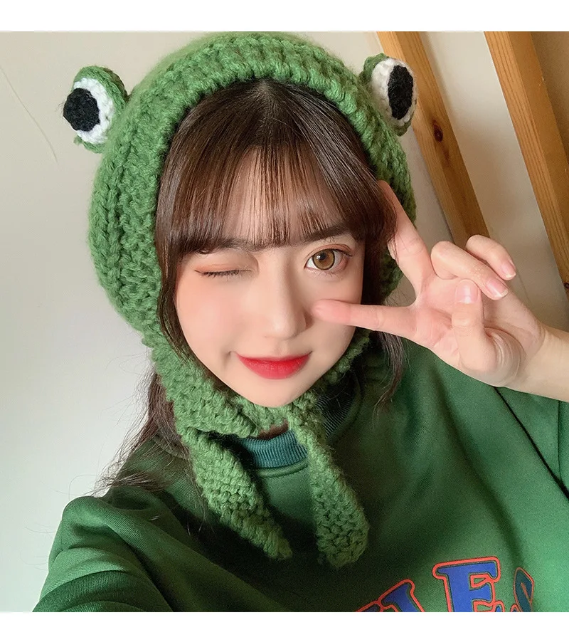 Funny Frog Hat Unisex Women Knitted Winter Warm Beanie Hat Cute Cartoons Crochet Hat Hip-hop Skullies Cap Party Dress Up