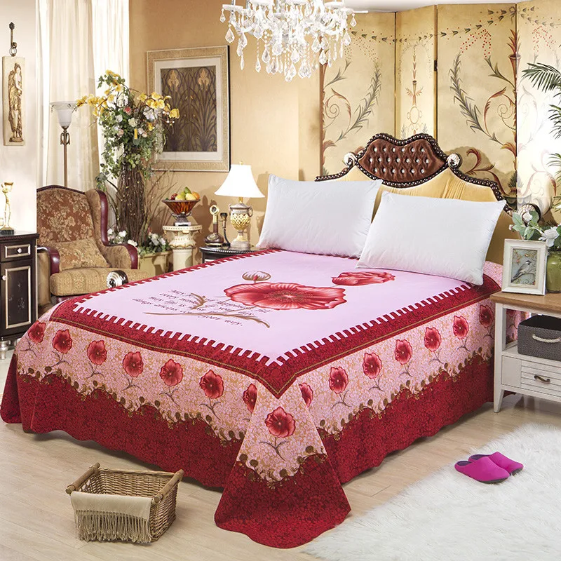 Chic Red Blossom Flowers printed Watercolor Bed Sheet 250X250cm Brushed Cotton Ultra Soft Flat Sheet Bed Cover