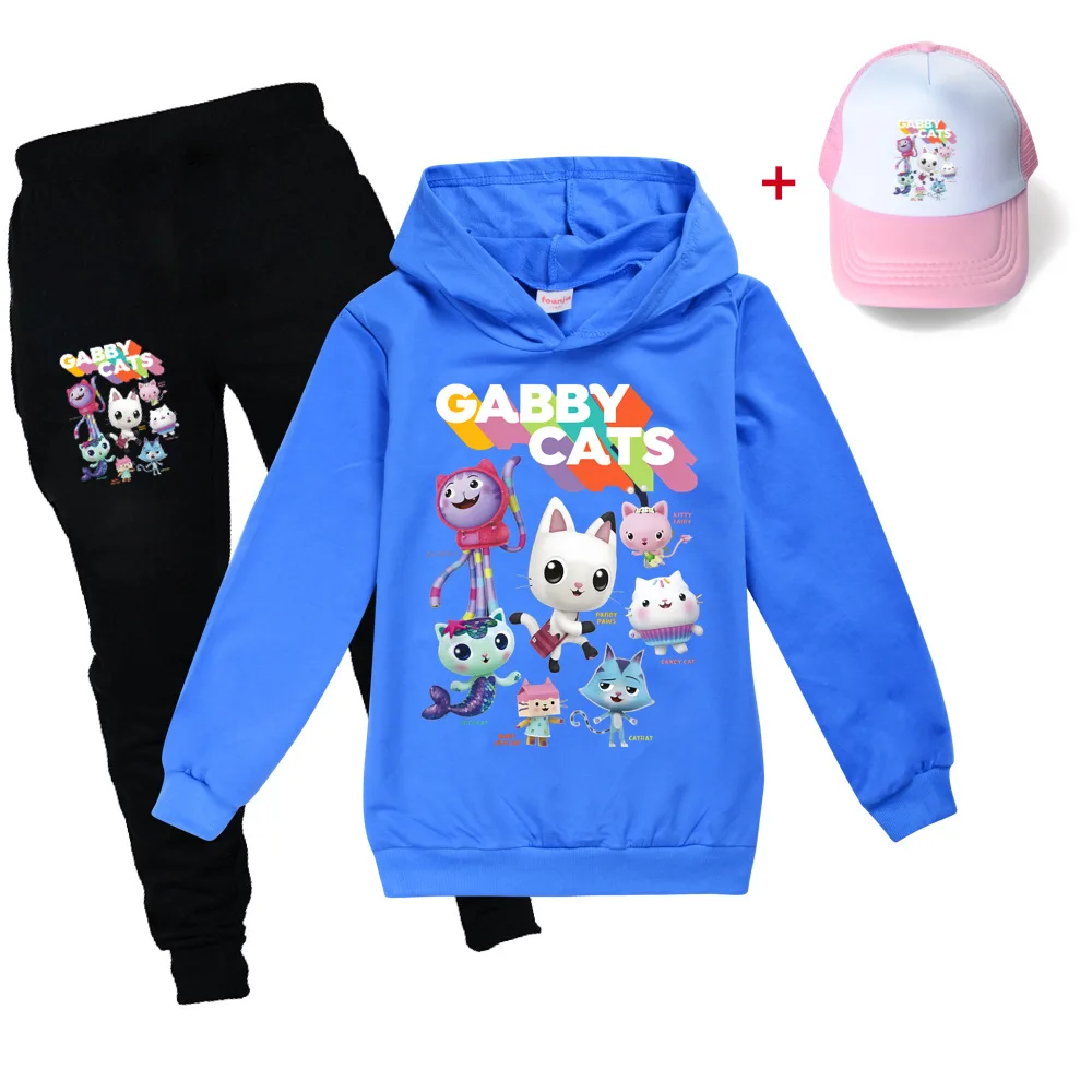 Gabby Cats Kids Clothes Girls Boys Long Sleeve Hoodie Tops Pants Cap Set Baby Children Sport Suits Cartoon Pullover Tracksuits