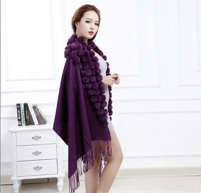20 Colors Triangle Real Rabbit Fur Ball Shawl Wraps Winter Women Cashmere Tassel Cape Pompon Cloak Lady Mum Gift Casaco Feminino