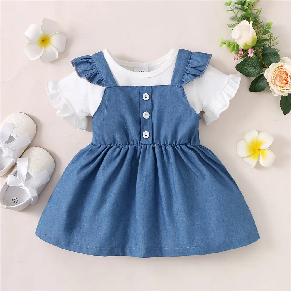 Summer Baby Girl Clothes 6 Months Cotton White Short-sleeved Top+Blue Denim Buckle Strap Skirt Back Hollow Bow Design Baby\'s Set