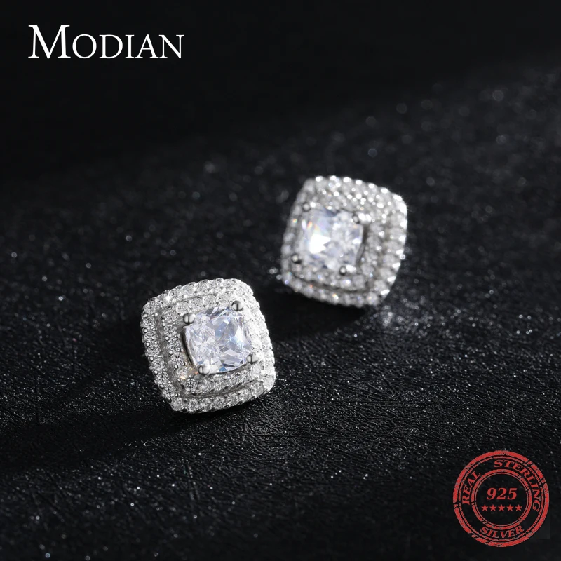 Modian-Boucles d'oreilles carrées classiques en argent regardé 925 véritable pour femme, boucle d'oreille CZ transparente, goujon de mariage de luxe, bijoux fins de fiançailles