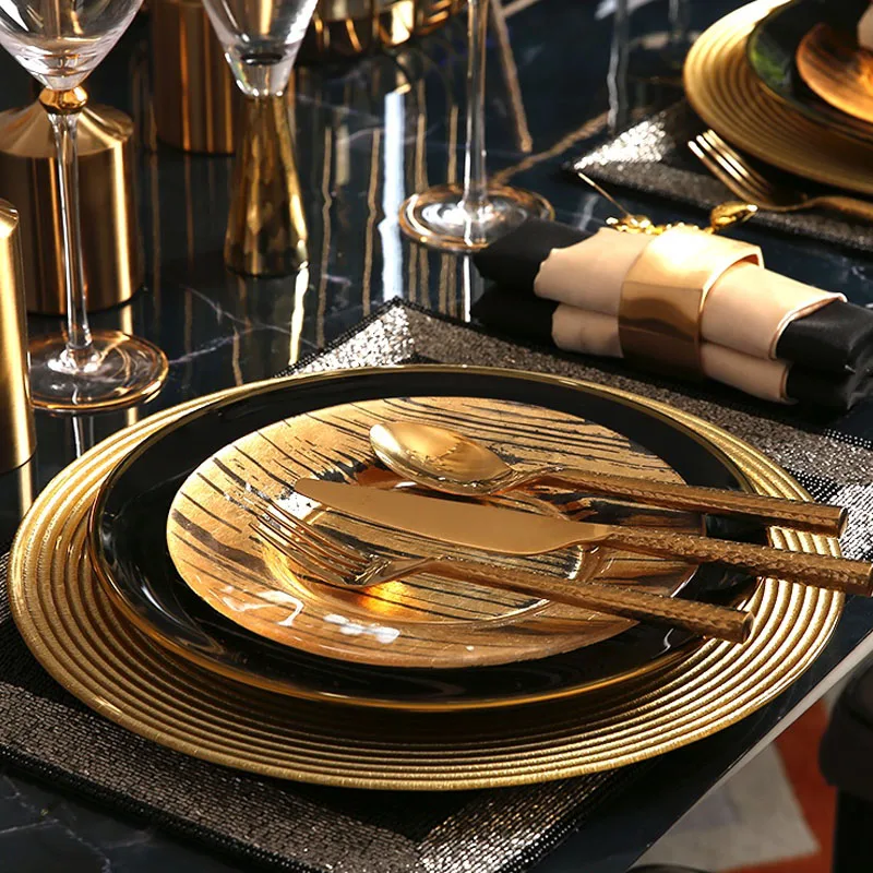 Gilded Glass Plate Northern Europe Main Course Dinner Tray Western Food Steak Serving Trays Table Decoration Kitchen Cutlery Set