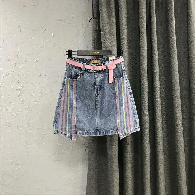 Korean Version of The Color-blocking Striped Plus Size Denim Skirt Female New High Waist Korean A-line Package Hip Skirt