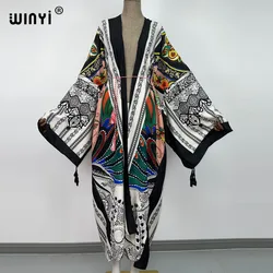 Vestido de quimono estampado floral feminino, capa de biquíni kaftan, roupas de banho, casaco africano, frente aberta, túnica muçulmana, América