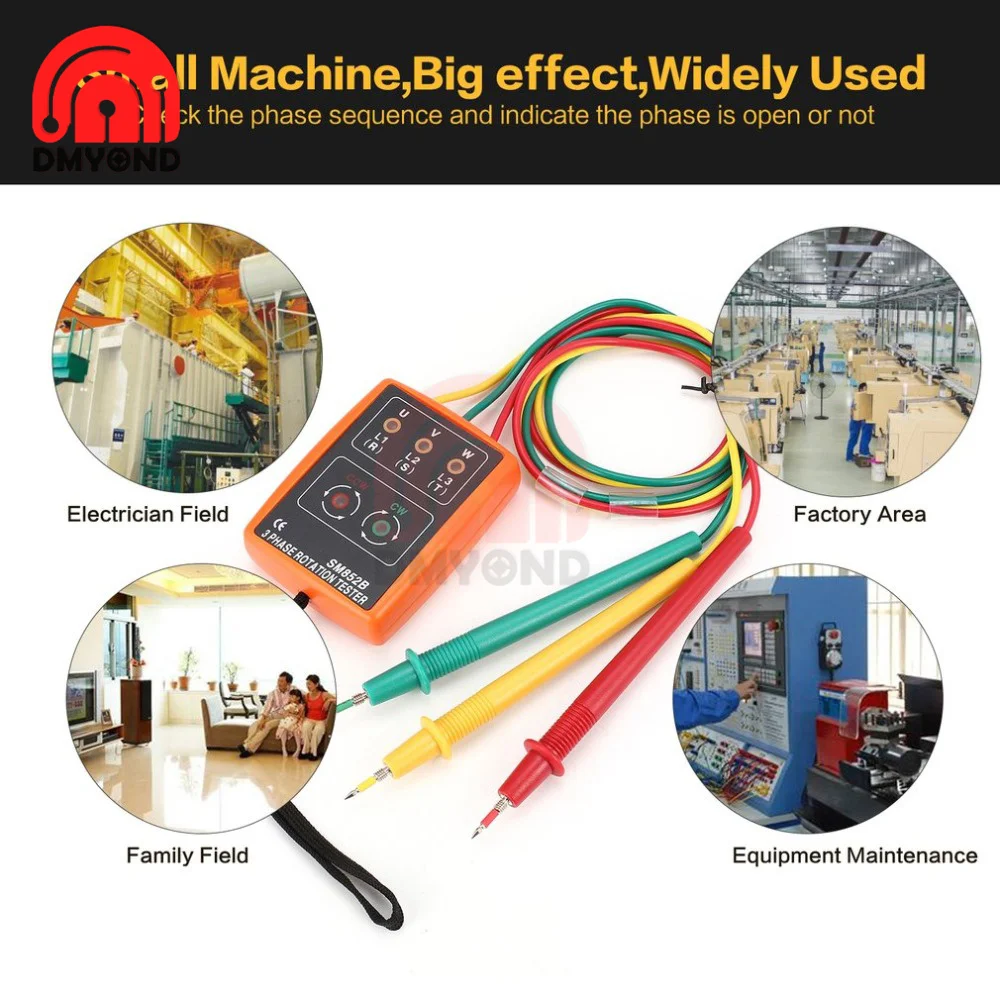SM852B 3 60V~600V AC 3 Phase Rotation Tester Voltage Tester Digital Phase Indicator Detector LED Buzzer Phase Sequence Meter