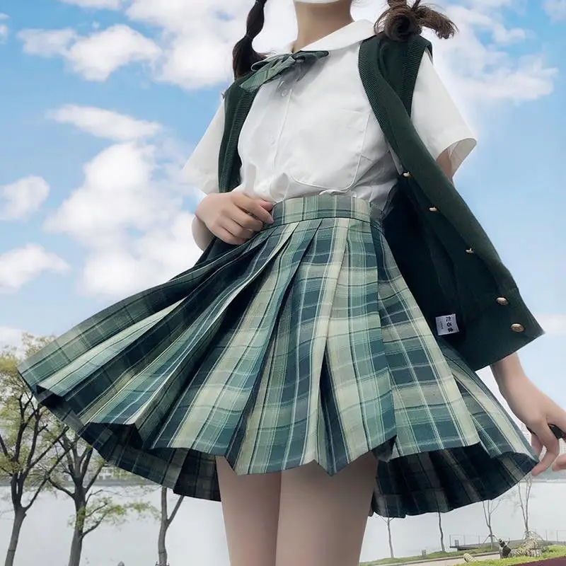 Saia plissada de cintura alta para meninas, vestido curto xadrez para meninas, uniforme escolar de jk, harajuku, roupas de estudante