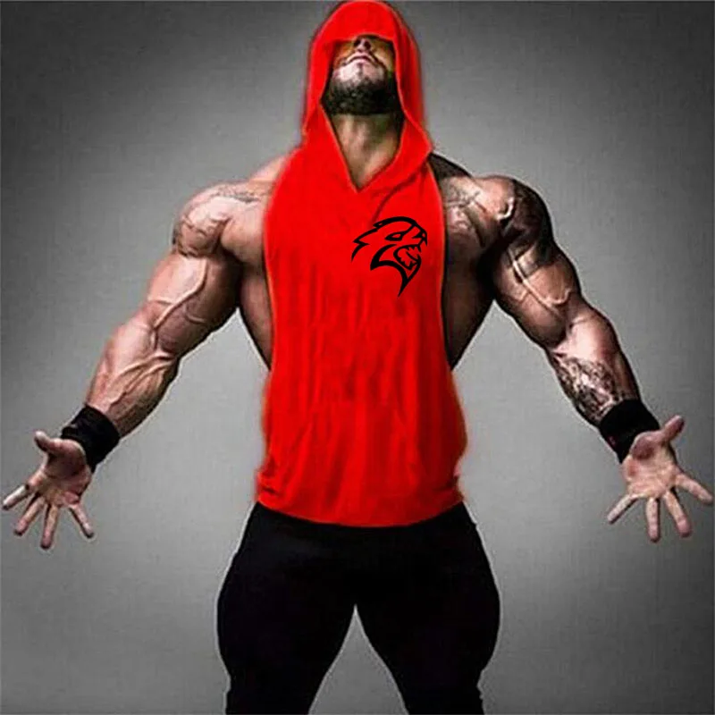 Summer Sleeveless Men\'s Gym Shirt Bodybuilding Fitness Muscle Hooded Tank Tops Run Training 100% Cotton hood Singlet Shirt Tank