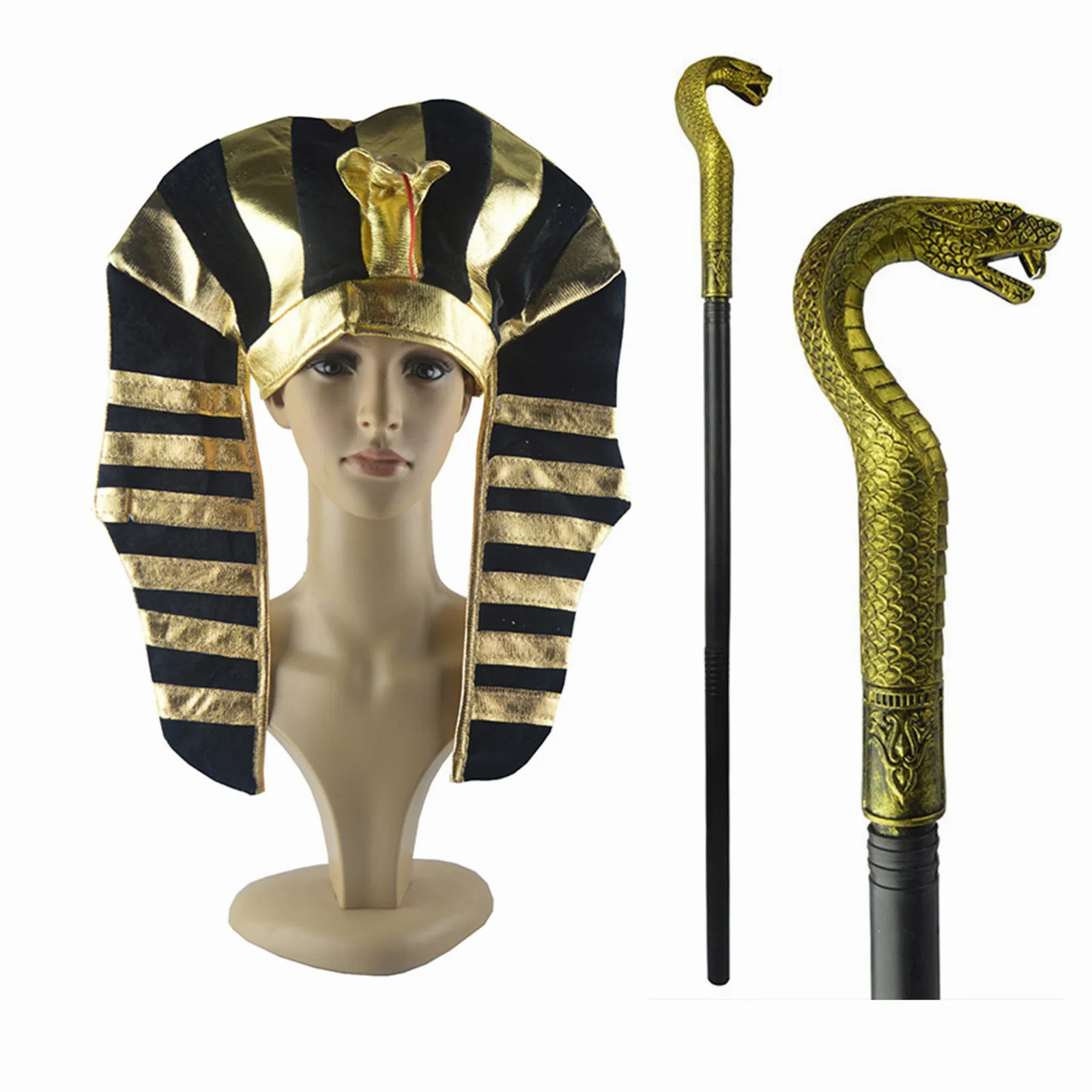 Disfraz egipcio de rey Faraón dorado, tocado con cetro en forma de serpiente de Cleopatra, accesorios de Cosplay de Halloween, 3 piezas por juego