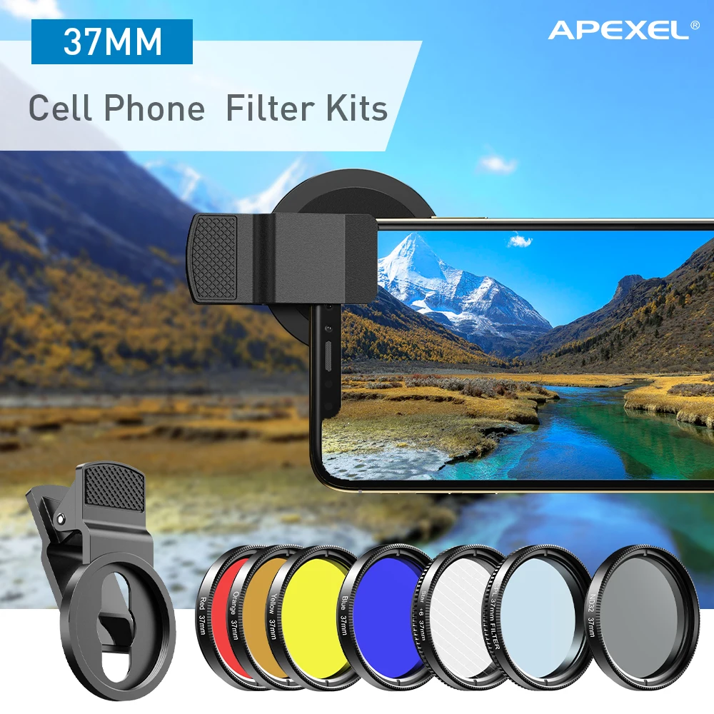 APEXEL 7 in 1 Camera Phone Lens Kit 37mm Graduate Red Blue Yellow Filters +CPL/ND Star Filter For Smartphones Telescop Accessory