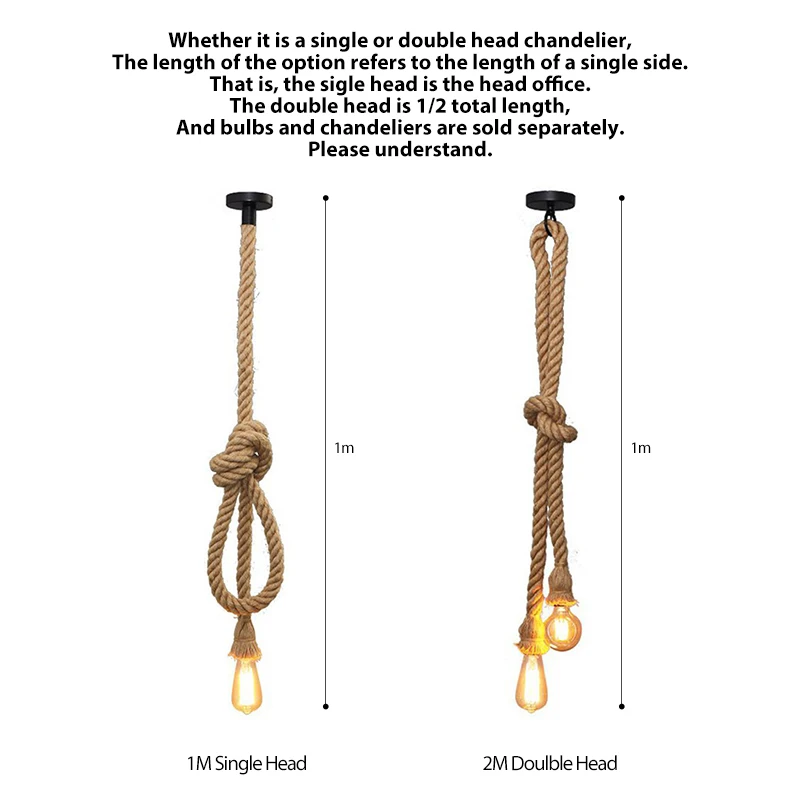 Vintage Hemp Rope Pendant Light E27 Base 1M 2M 3M Lamp Modern Hanging Loft Creative Pendant Light AC85-265V Double Single Head