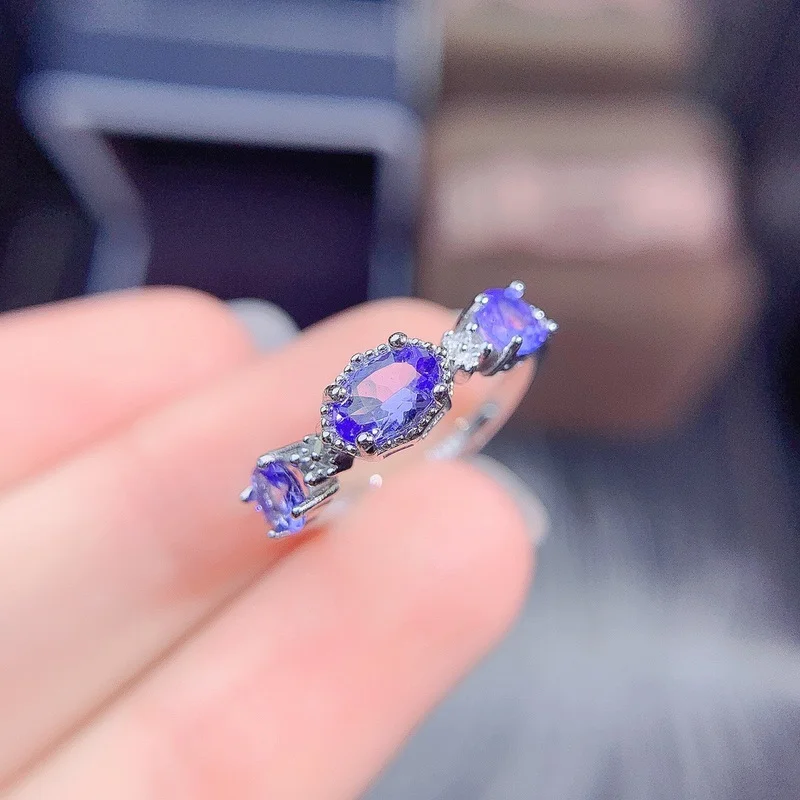 Fashion Tanzanite Silver Ring Natural VS Tanzanite Ring for Girl Solid 925 Silver Tanzanite Engagement Ring for Lady