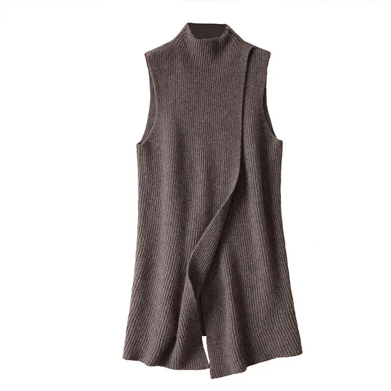 Korean Autumn And Winter Cashmere Knitted Vest Women\'s Mid-Length Loose Waistcoat Sleeveless Sweater Stand Up Collar Tops M859