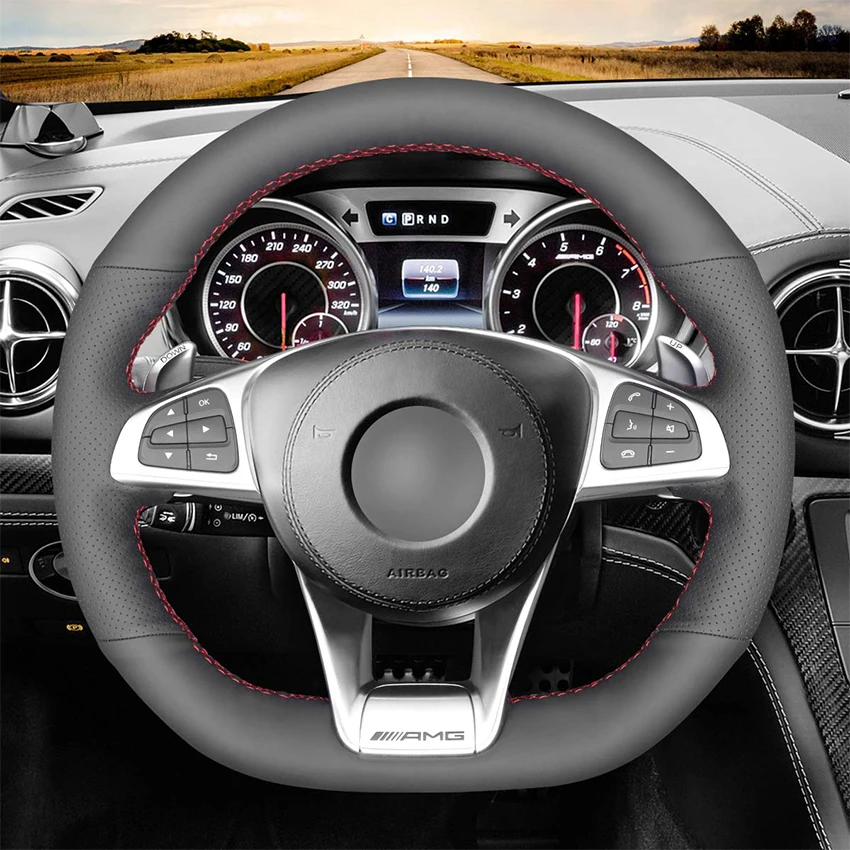 Hand-stitched Black Leather Car Steering Wheel Cover for Mercedes-Benz A 45 AMG 2016-2018 C 43 63 AMG CLA 45 2015