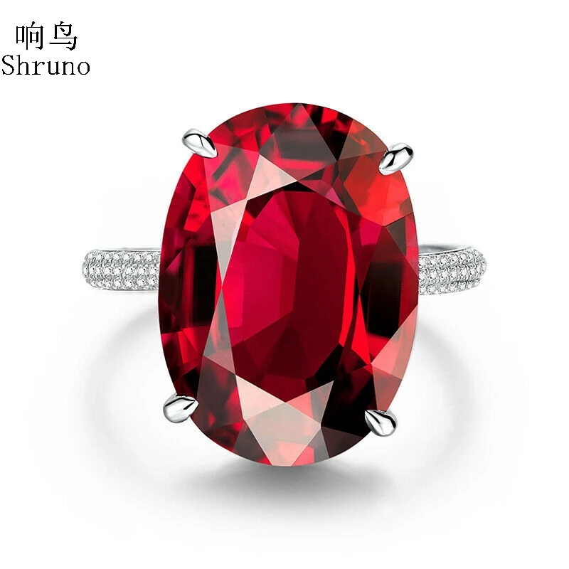 Shruno Diamonds Ring Solid 14K White Gold Large Garnet Oval Cut 18x13mm & Diamonds Ring For Women Party Trendy Fine Jewelry