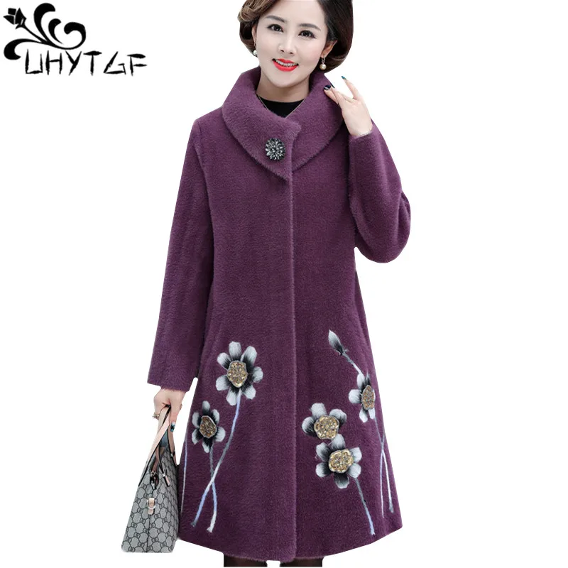 

UHYTGF Quality mink cashmere autumn winter wool coat women embroidered noble cashmere warm long jacket thick Big size coats 633