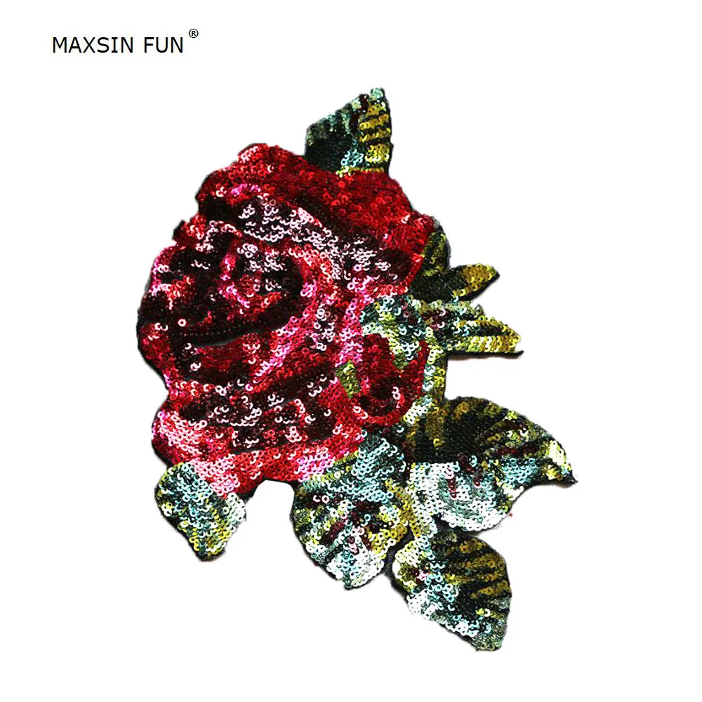 MAXSIN FUN Large Sequins Sticker Cute Rose Flower Patches Sew on Jeans Clothes Decoration Accessories Applique DIY