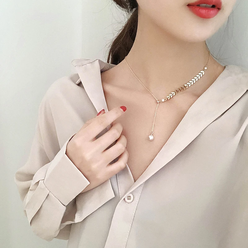 YUN RUO Rose Gold Color Wheat Ear Pearl Pendant Necklace Adjustable Titanium Steel Woman Jewelry Gift Never Fade Drop Shipping