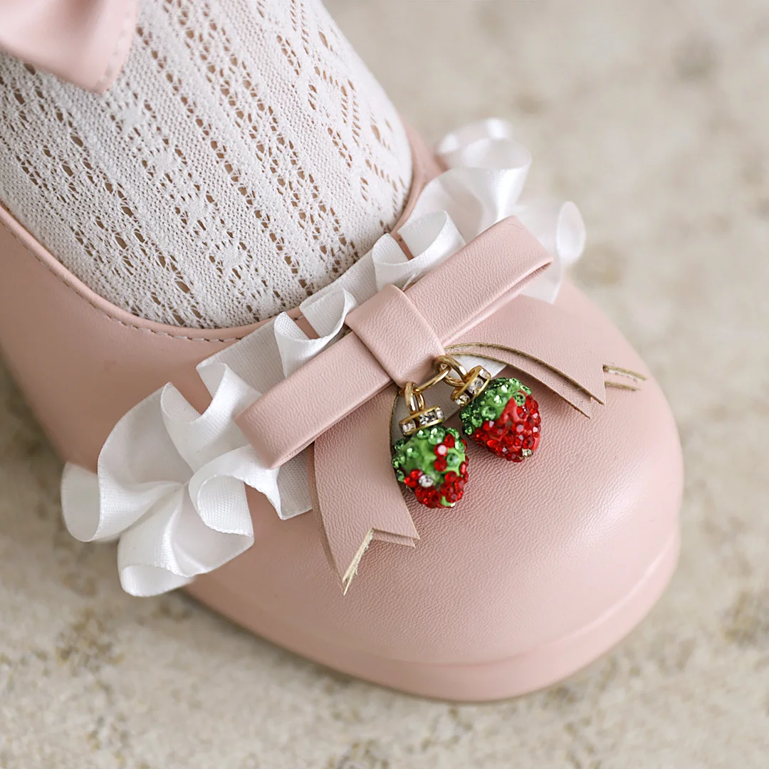 Women Lolita Shoes Girls Kawaii Mary Jane Platform Pumps Strawberry Bow Block High Heels Princess Japanese Cosplay Wedding Party