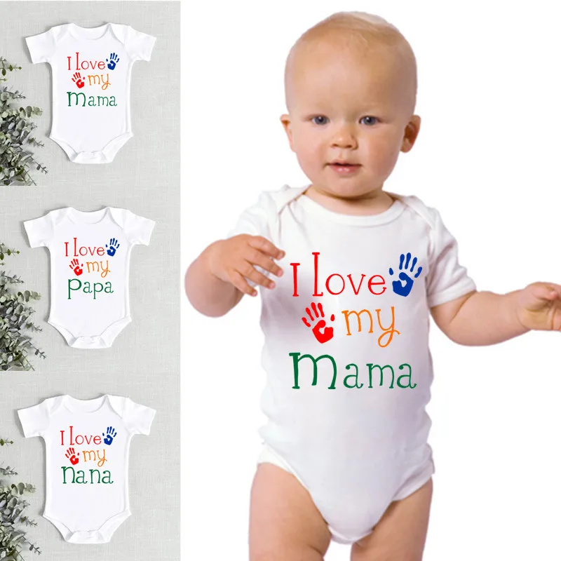 

2021 Cute I Love My Mama Handprint Baby Bodysuit Short Sleeved Cotton Newborn Baby Clothes Infint Boy Girl Outfit Romper