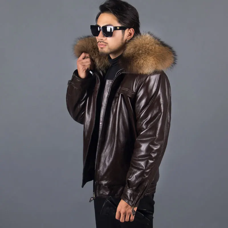 Winter Men's Genuine Cowhide Leather Sets Pilot Jacket Coat and Pants Big Raccoo Fur Collar Brown Thick Warm 2xl 3xl 4xl 5xl 6xl