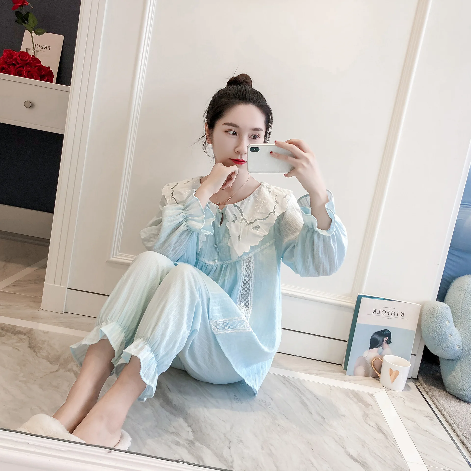 

2021 Fall Luxury Fairy Loose Pajamas Pure Cotton Edge Cute Comfortable Home Wear Two Pieces Set Cotton Pajamas Women