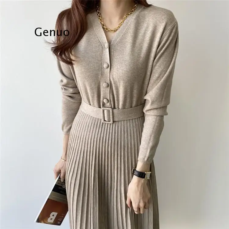 New 2021 Spring Women Dress Long Casual Korean Style Single Breasted Pleated V-Neck Lace Up Knitted Dress