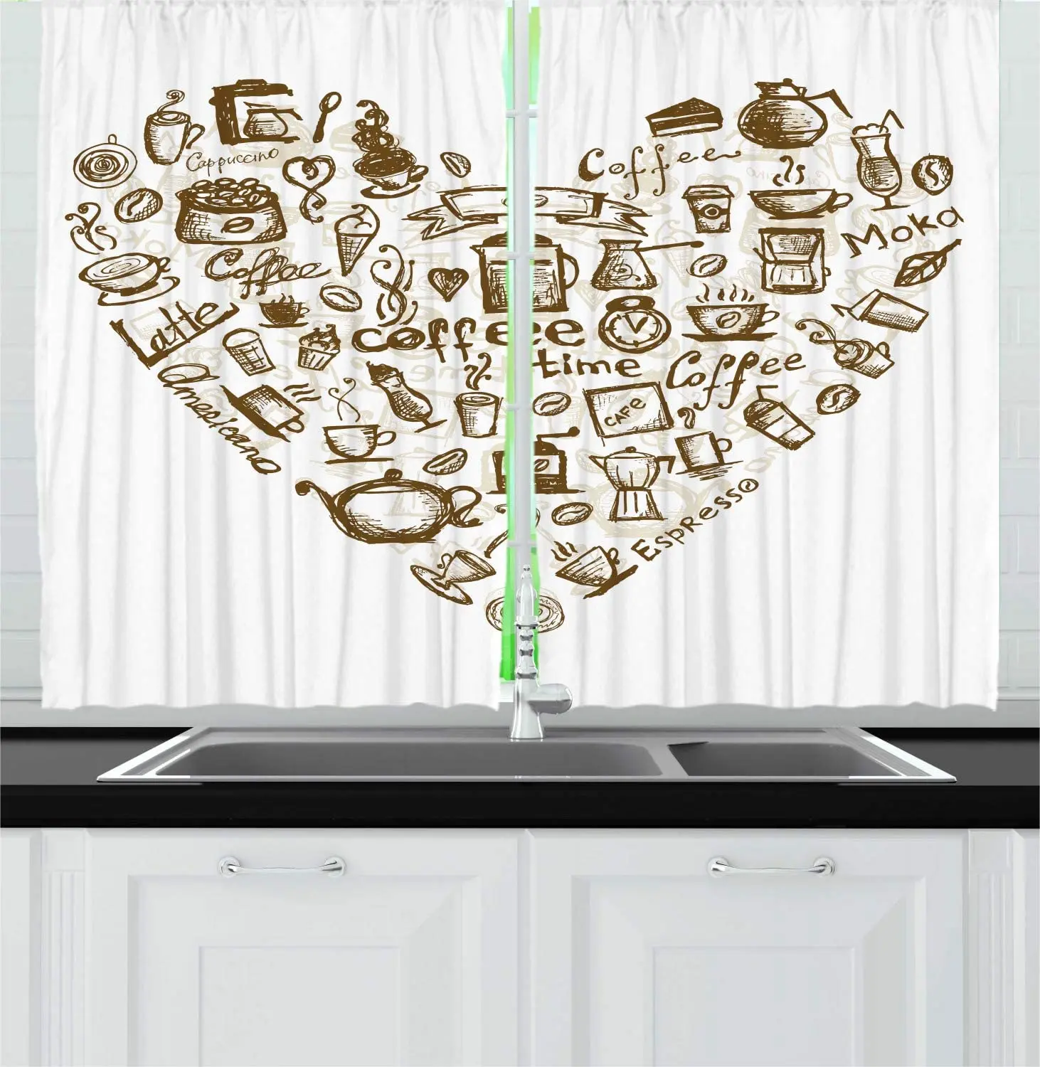 Coffee Kitchen Curtains Ice Cream Cake Bean Teapot Mug Spoon Coffee Time Lettering in Heart Shape Artwork Window Curtain