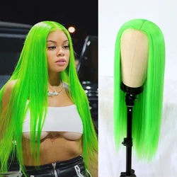 Lace Wigs Long Straight Hair  Lime Green Color Wigs for Fashion Women Synthetic Lace Wigs with Natural Hairline