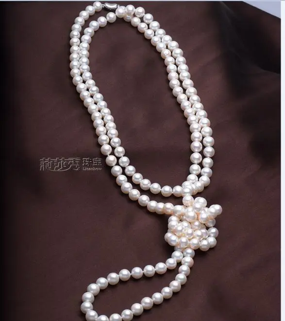 

free shipping classic 8-9mm AAA white pearl necklace 48"silver