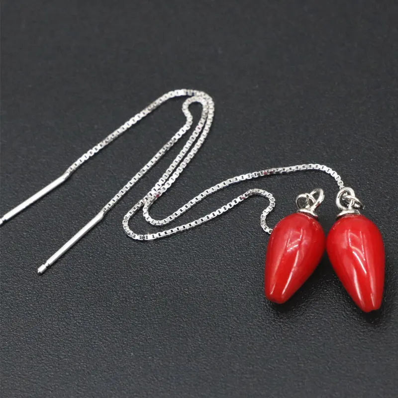 New Fashion Statement Dangle Earring Sterling Jewelry Long Earrings For Women Natural Coral 7x12mm Drop Earings 4inch B3440