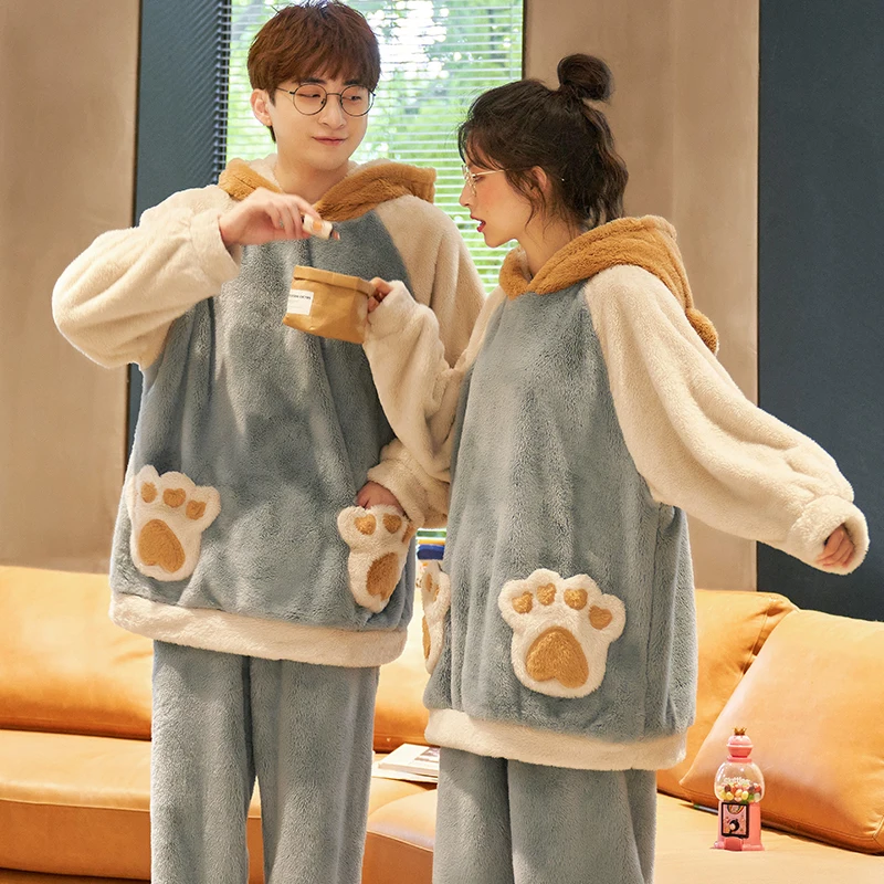 Autumn Winter Men's Flannel Pajamas Cute Cartoon Leisure Sleepwear Hooded Couple Pajama Sets Casual Pyjamas Lovers Homewear