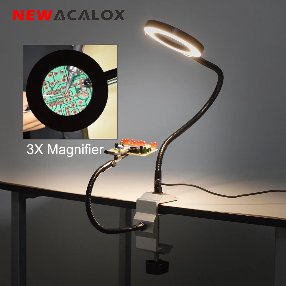 

NEWACALOX 3X LED Magnifier with Helping Hands Soldering Third Hand Tool Clip-on Flexible Arm Magnifying Lamp Desk Light